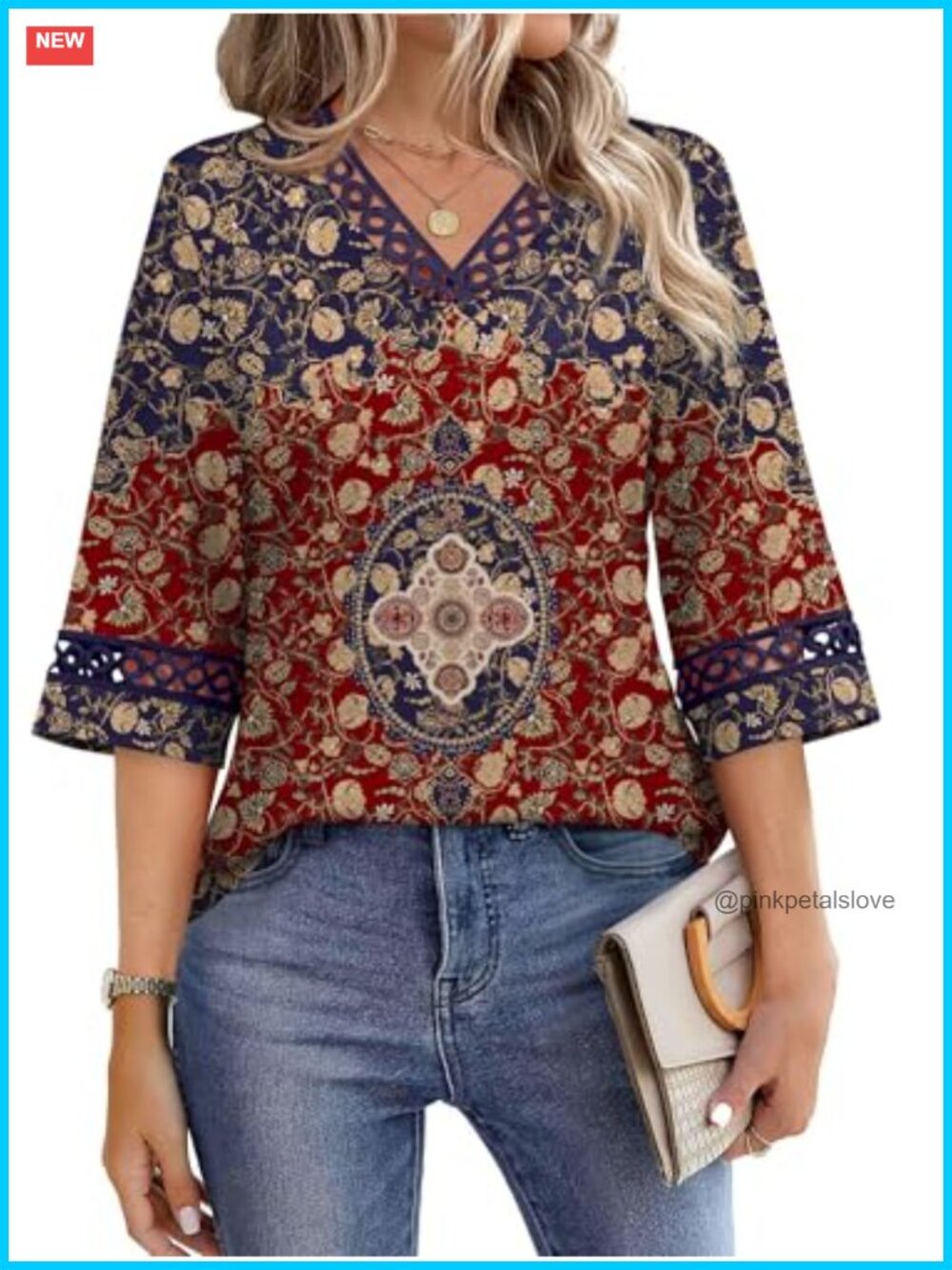 Women's Eyelet Lace V Neck 3/4 Bell Sleeve Blouse Dressy Casual Work Top